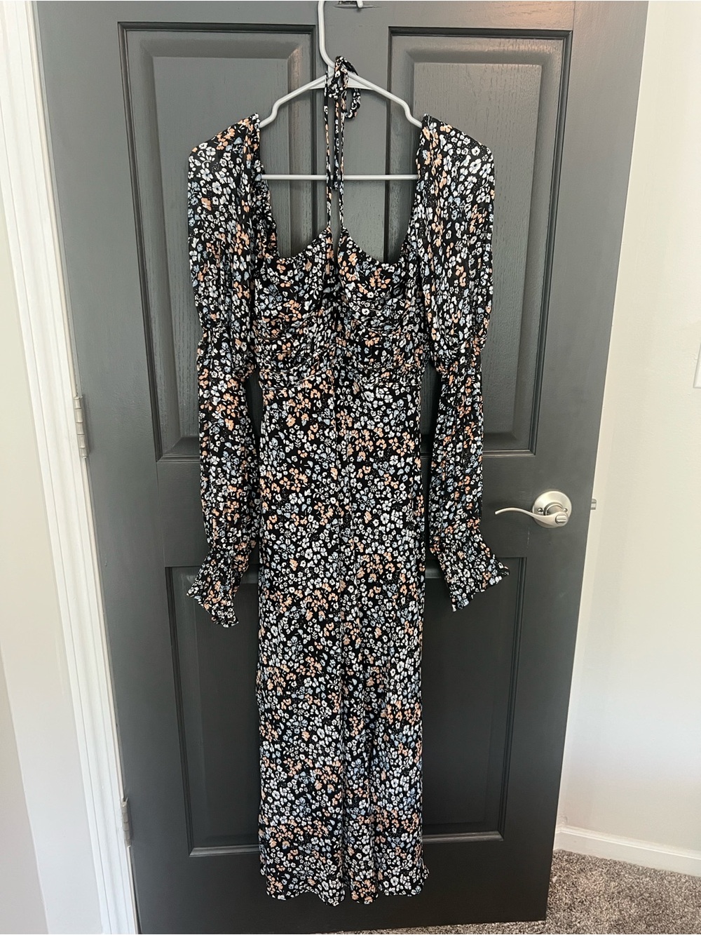 Astr Black Floral Long Sleeve Midi Dress with Peach & White Blossoms